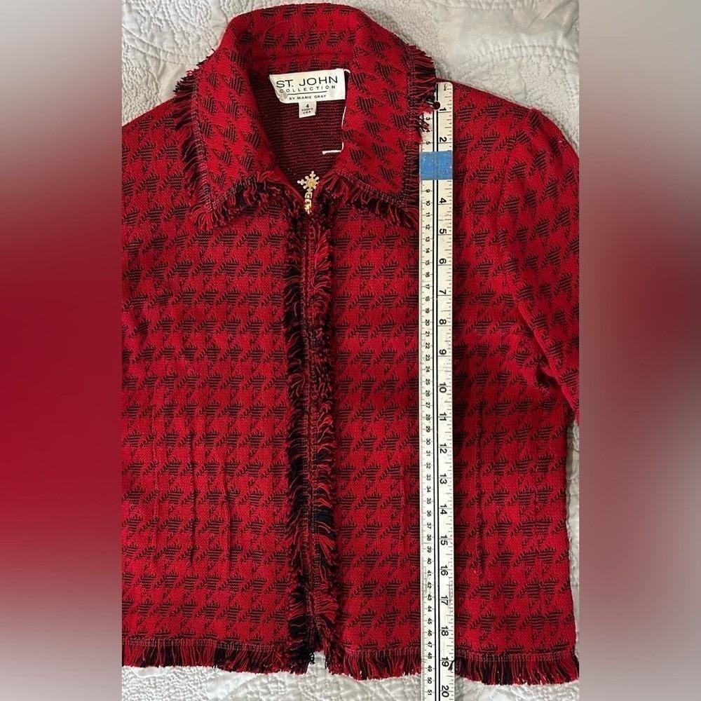 St John Collection Red Black Houndstooth Zip Jacket Blazer Old Money Elegant 4 - Picture 7 of 9